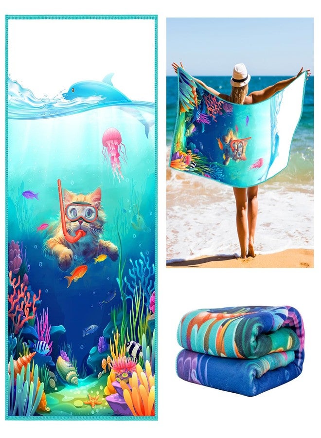 Vimorco Cat Beach Towel, Funny Diving Cat Dolphin Jellyfish Beach Towel, Cotton Blend Soft Velour Camping Towel for Women Girls Kids Boys Men, Absorbent Pool,Bath,Swim,Yoga,Gym,Travel Vacation Towel - Image 1